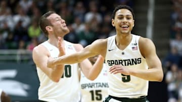 Feb 28, 2016; East Lansing, MI, USA; Michigan State Spartans guard Bryn Forbes (5) reacts to a play during the first half of a game against the Penn State Nittany Lions at Jack Breslin Student Events Center. Mandatory Credit: Mike Carter-USA TODAY Sports