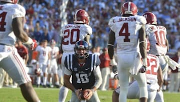Sep 17, 2016; Oxford, MS, USA; Mississippi Rebels quarterback Chad Kelly (10) reacts after being sacked near the end zone during the third quarter against the Alabama Crimson Tide at Vaught-Hemingway Stadium. Alabama won 48-43. Mandatory Credit: Matt Bush-USA TODAY Sports