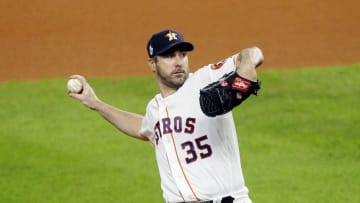 HOUSTON, TEXAS - OCTOBER 29: Justin Verlander #35 of the Houston Astros delivers the pitch against the Washington Nationals during the first inning in Game Six of the 2019 World Series at Minute Maid Park on October 29, 2019 in Houston, Texas. (Photo by Bob Levey/Getty Images)
