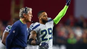 Jan 3, 2016; Glendale, AZ, USA; Seattle Seahawks safety Earl Thomas (29) reacts alongside head coach Pete Carroll against the Arizona Cardinals at University of Phoenix Stadium. Mandatory Credit: Mark J. Rebilas-USA TODAY Sports