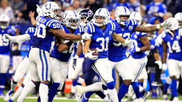 INDIANAPOLIS, INDIANA - NOVEMBER 18: Quincy Wilson #31 of the Indianapolis Colts celebrates with his team after catching an interception in the game against the Tennessee Titans in the second quarter at Lucas Oil Stadium on November 18, 2018 in Indianapolis, Indiana. (Photo by Andy Lyons/Getty Images)