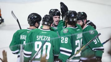 Dec 13, 2016; Dallas, TX, USA; Dallas Stars defenseman Dan Hamhuis (2) and center Jason Spezza (90) and left wing Jamie Benn (14) and defenseman Stephen Johns (28) and center Tyler Seguin (91) celebrates a goal by Johns against the Anaheim Ducks during the second period at the American Airlines Center. Mandatory Credit: Jerome Miron-USA TODAY Sports
