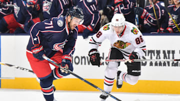 COLUMBUS, OH - OCTOBER 21: Nick Foligno #71 of the Columbus Blue Jackets skates against the Chicago Blackhawks on October 21, 2016 at Nationwide Arena in Columbus, Ohio. (Photo by Jamie Sabau/NHLI via Getty Images)