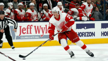 COLUMBUS, OH - FEBRUARY 7: Gustav Lindstrom #28 of the Detroit Red Wings controls the puck during the game against the Columbus Blue Jackets on February 7, 2020 at Nationwide Arena in Columbus, Ohio. Columbus defeated Detroit 2-0. (Photo by Kirk Irwin/Getty Images)