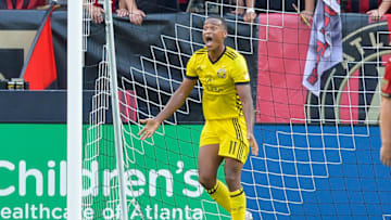 ATLANTA, GA JUNE 17: Columbus Crew's Ola Kamara (11) yells at the referee during a match between Atlanta United and the Columbus Crew on June 17, 2017 at Bobby Dodd Stadium at Historic Grant Field in Atlanta, GA. Atlanta United FC defeated Columbus Crew FC 3 1. (Photo by Rich von Biberstein/Icon Sportswire via Getty Images)