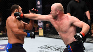 OKLAHOMA CITY, OK - JUNE 25: (R-L) Tim Boetsch punches Johny Hendricks in their middleweight bout during the UFC Fight Night event at the Chesapeake Energy Arena on June 25, 2017 in Oklahoma City, Oklahoma. (Photo by Brandon Magnus/Zuffa LLC/Zuffa LLC via Getty Images)