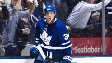 TORONTO, ON - APRIL 16: Auston Matthews #34 of the Toronto Maple Leafs reacts after scoring on the Boston Bruins in Game Three of the Eastern Conference First Round during the 2018 NHL Stanley Cup Playoffs at the Air Canada Centre on April 16, 2018 in Toronto, Ontario, Canada. (Photo by Mark Blinch/NHLI via Getty Images)