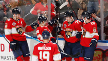 SUNRISE, FL - JANUARY 21: Teammates congratulate Frank Vatrano #72 of the Florida Panthers after his third period goal against the San Jose Sharks at the BB&T Center on January 21, 2019 in Sunrise, Florida. The Panthers defeated the Sharks 6-2. (Photo by Joel Auerbach/Icon Sportswire via Getty Images)
