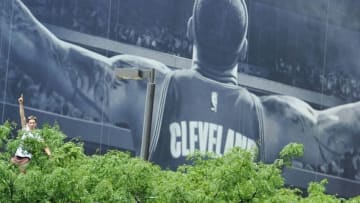 Jun 22, 2016; Cleveland, OH, USA; A fan sits atop a tree in front of the LeBron James mural during the Cleveland Cavaliers NBA championship parade in downtown Cleveland. Mandatory Credit: David Richard-USA TODAY Sports