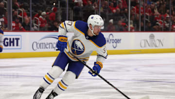 DETROIT, MICHIGAN - NOVEMBER 30: Casey Mittelstadt #37 of the Buffalo Sabres skates against the Detroit Red Wings at Little Caesars Arena on November 30, 2022 in Detroit, Michigan. (Photo by Gregory Shamus/Getty Images)
