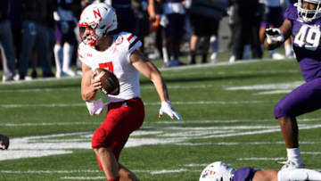 Nov 7, 2020; Evanston, Illinois, USA; Nebraska Cornhuskers quarterback Luke McCaffrey (7) runs against the Northwestern Wildcats during the second half at Ryan Field. Mandatory Credit: David Banks-USA TODAY Sports