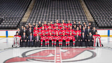 The New Jersey Devils pose for the official team photo for the 2017-2018 season on April 4, 2018 at the Prudential Center in Newark, New Jersey.