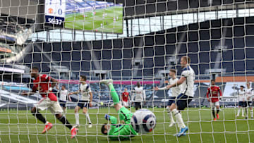 LONDON, ENGLAND - APRIL 11: Fred of Manchester United celebrates after scoring his team's first goal as Hugo Lloris of Tottenham Hotspur looks dejected during the Premier League match between Tottenham Hotspur and Manchester United at Tottenham Hotspur Stadium on April 11, 2021 in London, England. (Photo by Marc Atkins/Getty Images)