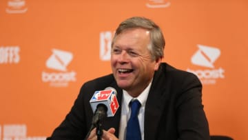 MINNEAPOLIS, MN - AUGUST 21: Head Coach Dan Hughes of the San Antonio Stars speaks with reporters after Game One of the Western Conference Semifinals during the 2014 WNBA Playoffs on August 21, 2014 at Target Center in Minneapolis, Minnesota. NOTE TO USER: User expressly acknowledges and agrees that, by downloading and or using this Photograph, user is consenting to the terms and conditions of the Getty Images License Agreement. Mandatory Copyright Notice: Copyright 2014 NBAE (Photo by David Sherman/NBAE via Getty Images)