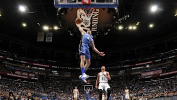 ORLANDO, FL - OCTOBER 27: Mario Hezonja #8 of the Orlando Magic drives to the basket against the San Antonio Spurs on October 27, 2017 at Amway Center in Orlando, Florida. NOTE TO USER: User expressly acknowledges and agrees that, by downloading and or using this photograph, User is consenting to the terms and conditions of the Getty Images License Agreement. Mandatory Copyright Notice: Copyright 2017 NBAE (Photo by Fernando Medina/NBAE via Getty Images)