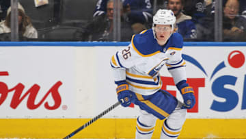 TORONTO, CANADA - NOVEMBER 19: Rasmus Dahlin #26 of the Buffalo Sabres skates against the Toronto Maple Leafs during an NHL game at Scotiabank Arena on November 19, 2022 in Toronto, Ontario, Canada. The Maple Leafs defeated the Sabres 5-2. (Photo by Claus Andersen/Getty Images)