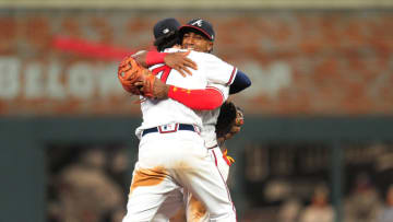 ATLANTA, GA. - MAY 19: Dansby Swanson #7 and Ozzie Albies #1 of the Atlanta Braves celebrate after the game against the Miami Marlins at SunTrust Field on May 19, 2018 in Atlanta, Georgia. (Photo by Scott Cunningham/Getty Images)