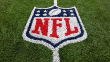 ORCHARD PARK, NY - JANUARY 08: A detailed view of the NFL logo on the field before a game between the Buffalo Bills and the New England Patriots at Highmark Stadium on January 8, 2023 in Orchard Park, New York. (Photo by Timothy T Ludwig/Getty Images)