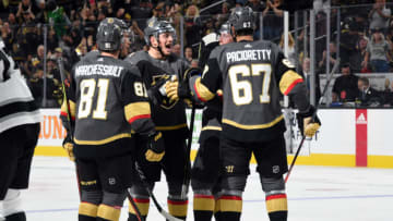 LAS VEGAS, NEVADA - SEPTEMBER 27: Paul Stastny #26 of the Vegas Golden Knights celebrates after scoring a goal during the third period against the Los Angeles Kings at T-Mobile Arena on September 27, 2019 in Las Vegas, Nevada. (Photo by David Becker/NHLI via Getty Images)