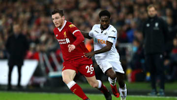 SWANSEA, WALES - JANUARY 22: Andy Robertson of Liverpool and Nathan Dyer of Swansea City battle for possession during the Premier League match between Swansea City and Liverpool at Liberty Stadium on January 22, 2018 in Swansea, Wales. (Photo by Michael Steele/Getty Images)