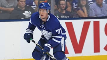 TORONTO,ON - SEPTEMBER 21: Rasmus Sandin #78 of the Toronto Maple Leafs skates against the Buffalo Sabres during an NHL pre-season game at Scotiabank Arena on September 21, 2018 in Toronto, Ontario, Canada. The Maple Leafs defeated the Sabres 5-3. (Photo by Claus Andersen/Getty Images)