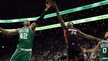 May 25, 2023; Boston, Massachusetts, USA; Miami Heat forward Haywood Highsmith (24) and Boston Celtics center Al Horford (42) go up for rebound during the second quarter of game five of the Eastern Conference Finals for the 2023 NBA playoffs at TD Garden. Mandatory Credit: Winslow Townson-USA TODAY Sports