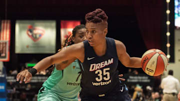 WHITE PLAINS, NY - JUNE 19: Atlanta Dream guard Angel McCoughtry (35) drives to the basket during the first half of the WNBA game between the Atlanta Dream and New York Liberty on June 19, 2018, at Westchester County Center in White Plains, NY. (Photo by John Jones/Icon Sportswire via Getty Images)