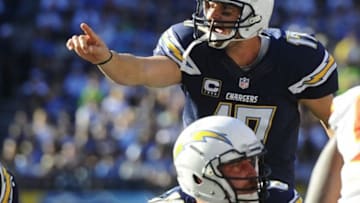 Dec 29, 2013; San Diego, CA, USA; San Diego Chargers quarterback Philip Rivers (17) calls plays during the first half against the Kansas City Chiefs at Qualcomm Stadium. Mandatory Credit: Christopher Hanewinckel-USA TODAY Sports
