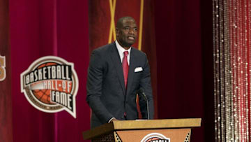 Sep 11, 2015; Springfield, MA, USA; Dikembe Mutombo speaks during the 2015 Naismith Memorial Basketball Hall of Fame Enshrinement Ceremony at Springfield Symphony Hall. Mandatory Credit: David Butler II-USA TODAY Sports