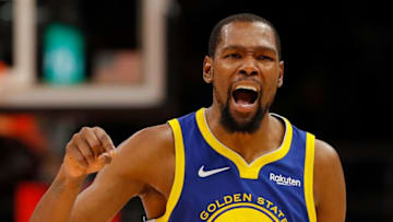 ATLANTA, GA - DECEMBER 03: Kevin Durant #35 of the Golden State Warriors reacts against the Atlanta Hawks at State Farm Arena on December 3, 2018 in Atlanta, Georgia. NOTE TO USER: User expressly acknowledges and agrees that, by downloading and or using this photograph, User is consenting to the terms and conditions of the Getty Images License Agreement. (Photo by Kevin C. Cox/Getty Images)