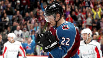DENVER, CO - NOVEMBER 16: Colin Wilson #22 of the Colorado Avalanche celebrates a goal against the Washington Capitals at Pepsi Center on November 16, 2017 in Denver, Colorado. (Photo by Matthew Stockman/Getty Images)