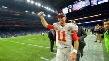 Jan 9, 2016; Houston, TX, USA; Kansas City Chiefs quarterback Alex Smith (11) celebrates after defeating the Houston Texans in a AFC Wild Card playoff football game at NRG Stadium. Kansas City won 30-0. Mandatory Credit: Kirby Lee-USA TODAY Sports