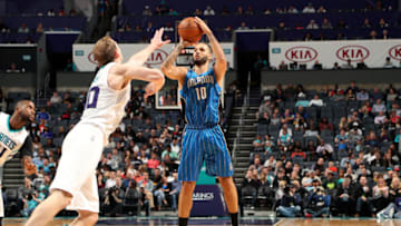 CHARLOTTE, NC - MARCH 10: Evan Fournier #10 of the Orlando Magic shoots the ball during the game against the Charlotte Hornets on March 10, 2017 at Time Warner Cable Arena in Charlotte, North Carolina. NOTE TO USER: User expressly acknowledges and agrees that, by downloading and or using this photograph, User is consenting to the terms and conditions of the Getty Images License Agreement. Mandatory Copyright Notice: Copyright 2017 NBAE (Photo by Kent Smith/NBAE via Getty Images)