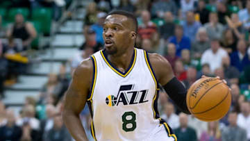 Apr 5, 2016; Salt Lake City, UT, USA; Utah Jazz guard Shelvin Mack (8) dribbles the ball during the first quarter against the San Antonio Spurs at Vivint Smart Home Arena. Mandatory Credit: Russ Isabella-USA TODAY Sports