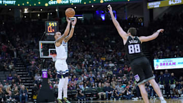 SACRAMENTO, CALIFORNIA - FEBRUARY 03: Shabazz Napier #13 of the Minnesota Timberwolves shoots over Nemanja Bjelica #88 of the Sacramento Kings during the second half of an NBA basketball game at Golden 1 Center on February 03, 2020 in Sacramento, California. NOTE TO USER: User expressly acknowledges and agrees that, by downloading and or using this photograph, User is consenting to the terms and conditions of the Getty Images License Agreement. (Photo by Thearon W. Henderson/Getty Images)