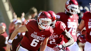 Nov 12, 2016; Norman, OK, USA; Oklahoma Sooners quarterback Baker Mayfield (6) celebrates after running for a touchdown during the first quarter against the Baylor Bears at Gaylord Family - Oklahoma Memorial Stadium. Mandatory Credit: Kevin Jairaj-USA TODAY Sports