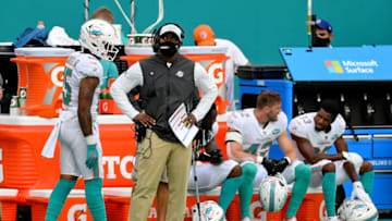 Oct 18, 2020; Miami Gardens, Florida, USA; Miami Dolphins head coach Brian Flores looks on during the first half against the New York Jets at Hard Rock Stadium. Mandatory Credit: Jasen Vinlove-USA TODAY Sports