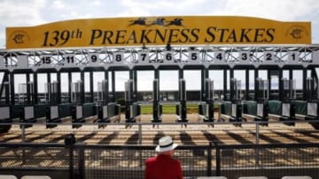 May 17, 2014; Baltimore, MD, USA; The starting gate is moved into place before the 139th Preakness Stakesat Pimlico Race Course. Mandatory Credit: Winslow Townson-USA TODAY Sports