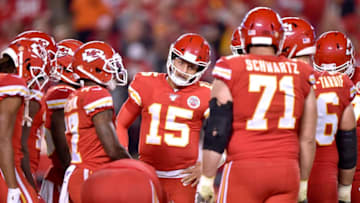 Kansas City Chiefs quarterback Patrick Mahomes (15) talks to his team before breaking the huddle in the third quarter against the Indianapolis Colts on Sunday, Oct. 6, 2019 at Arrowhead Stadium in Kansas City, Mo. (James Wooldridge/Kansas City Star/Tribune News Service via Getty Images)