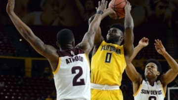 Mar 5, 2016; Tempe, AZ, USA; California Golden Bears forward Jaylen Brown (0) shoots over Arizona State Sun Devils forward Willie Atwood (2) during the first half at Wells-Fargo Arena. Mandatory Credit: Joe Camporeale-USA TODAY Sports