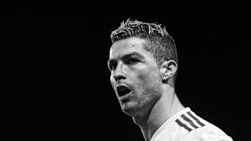 (EDITORS NOTE: the image has been converted to black and white) Cristiano Ronaldo of Real Madrid CF looks on prior to the La Liga game between Levante UD and Real Madrid CF at Ciutat de Valencia on February 3, 2018 in Valencia, Spain (Photo by David Aliaga/NurPhoto via Getty Images)
