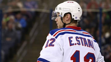 Apr 4, 2016; Columbus, OH, USA; New York Rangers center Eric Staal (12) against the Columbus Blue Jackets at Nationwide Arena. The Rangers won 4-2. Mandatory Credit: Aaron Doster-USA TODAY Sports