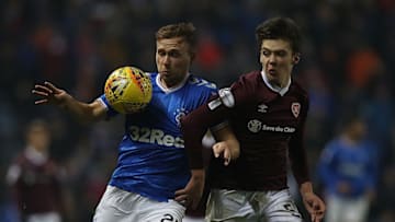 GLASGOW, SCOTLAND - DECEMBER 01: Greg Stewart of Rangers vies with Aaron Hickey of Heart of Midlothian during the Ladbrokes Premiership match between Rangers and Hearts at Ibrox Stadium on December 01, 2019 in Glasgow, Scotland. (Photo by Ian MacNicol/Getty Images)
