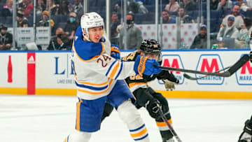 BUFFALO, NY - OCTOBER 22: Dylan Cozens #24 of the Buffalo Sabres during the game against the Boston Bruins at KeyBank Center on October 22, 2021 in Buffalo, New York. (Photo by Kevin Hoffman/Getty Images)