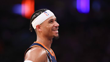 Feb 11, 2023; New York, New York, USA; New York Knicks guard Josh Hart (3) reacts during the second half against the Utah Jazz at Madison Square Garden. Mandatory Credit: Vincent Carchietta-USA TODAY Sports