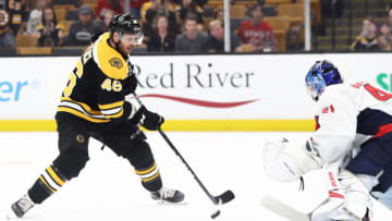 BOSTON, MA - SEPTEMBER 16: David Krejci #46 of the Boston Bruins takes a shot against Vitek Vanecek #41 of the Washington Capitals during the shootout at TD Garden on September 16, 2018 in Boston, Massachusetts. The Bruins defeat the Capitals 2-1. (Photo by Maddie Meyer/Getty Images)