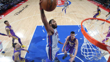 DETROIT, MI - MARCH 26: Andre Drummond #0 of the Detroit Pistons dunks the ball during the game against the Los Angeles Lakers on March 26, 2018 at Little Caesars Arena in Detroit, Michigan. NOTE TO USER: User expressly acknowledges and agrees that, by downloading and/or using this photograph, User is consenting to the terms and conditions of the Getty Images License Agreement. Mandatory Copyright Notice: Copyright 2018 NBAE (Photo by Brian Sevald/NBAE via Getty Images)