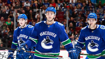 VANCOUVER, BC - NOVEMBER 2: Adam Gaudette #88, Nikolay Goldobin and Jake Virtanen #18 of the Vancouver Canucks skates up ice during their NHL game against the Colorado Avalanche at Rogers Arena November 2, 2018 in Vancouver, British Columbia, Canada. (Photo by Jeff Vinnick/NHLI via Getty Images)"n