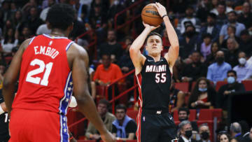 Miami Heat guard Duncan Robinson (55) shoots the basketball against the Philadelphia 76ers(Sam Navarro-USA TODAY Sports)