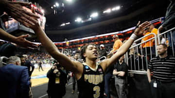 LOUISVILLE, KY - MARCH 28: Carsen Edwards #3 of the Purdue Boilermakers greets fans the court after defeating the Tennessee Volunteers in the third round of the 2019 NCAA Men's Basketball Tournament held at KFC YUM! Center on March 28, 2019 in Louisville, Kentucky. (Photo by Joe Robbins/NCAA Photos via Getty Images)